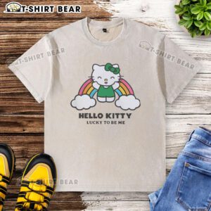 Pretty Happy Hello Kitty Lucky To Be Me rainbow and cloud washed t-shirt design for kids, vibrant and playful style.