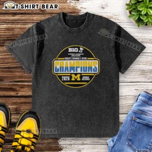 Pretty Michigan Wolverines Women's Swimming and Diving Big Ten Champions 2026 washed t-shirt displayed on a hanger.