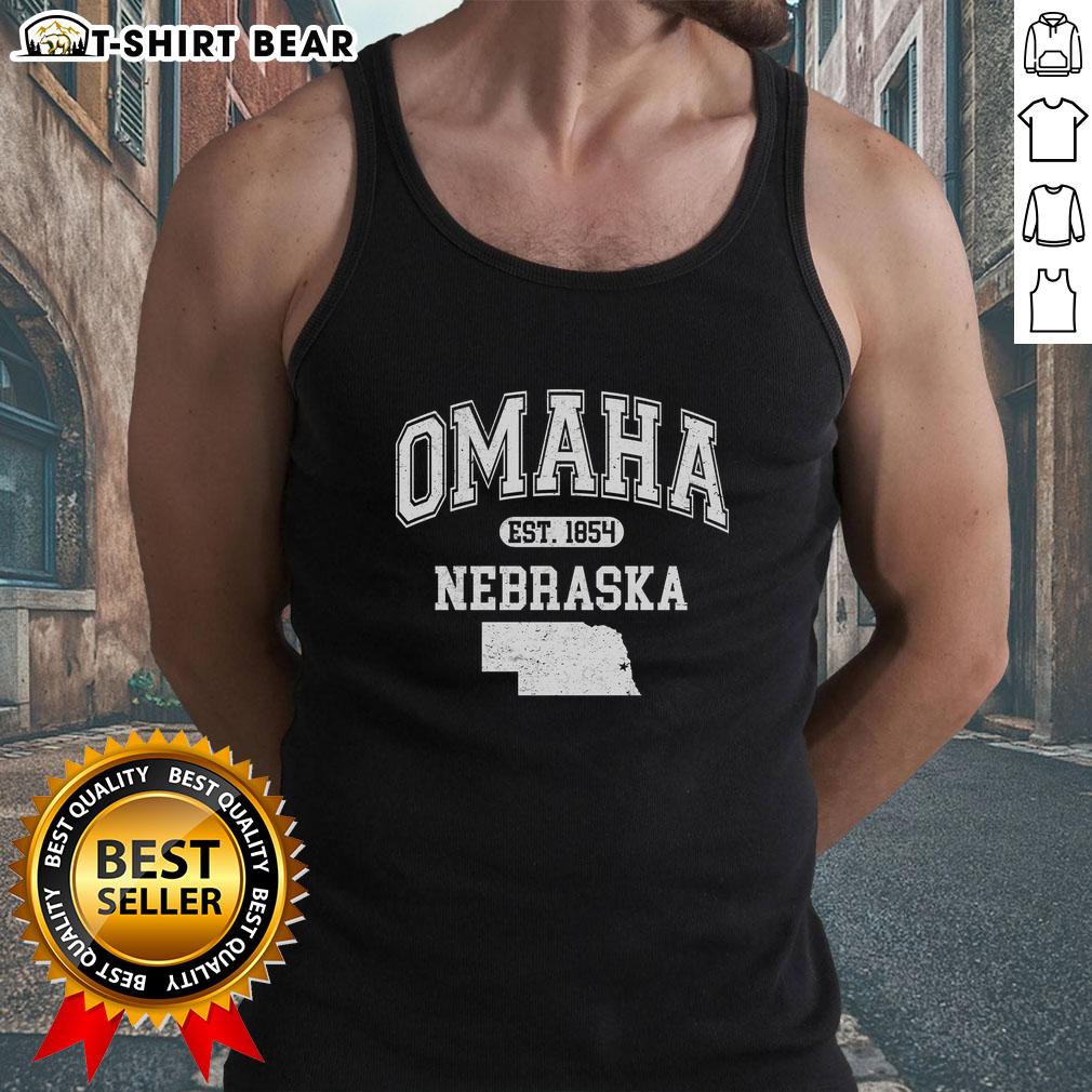 Alt Text: Stylish Pretty Omaha Nebraska Est 1854 varsity tank top featuring a bold design, perfect for casual wear.
