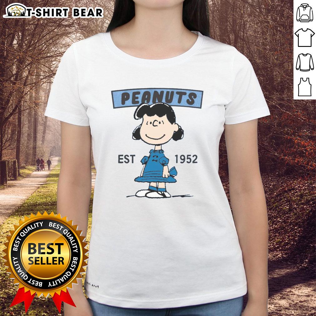 Pretty Peanuts Lucy Smile tee for ladies, established 1952, showcasing a cheerful Lucy design in vibrant colors.
