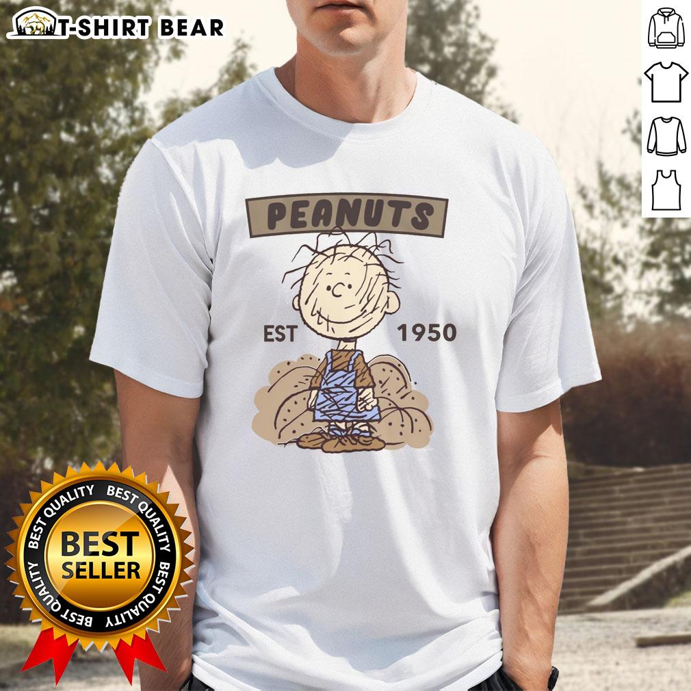 Alt Text: Pretty Peanuts Pigpen Est 1950 T-Shirt featuring classic Pigpen character design and retro style for fans.