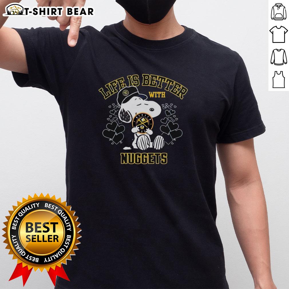 Alt Text: Pretty Snoopy wearing a Life Is Better With Nuggets T-shirt featuring the Denver Nuggets Warriors logo.