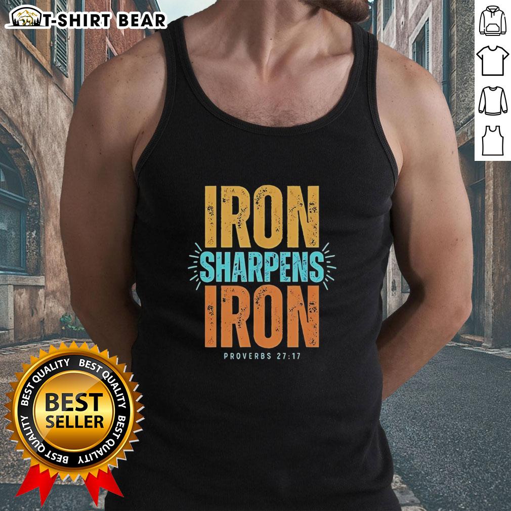 Stylish tank top featuring 'Iron Sharpens Iron' Proverbs 27:17 design, perfect for inspiration and faith-based fashion.