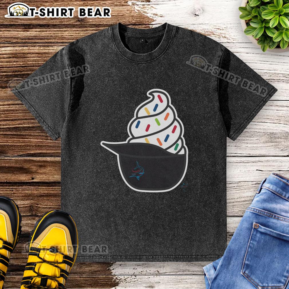 Top Miami Marlins ice cream washed t-shirt featuring vibrant colors and team logo, perfect for fans and summer wear.