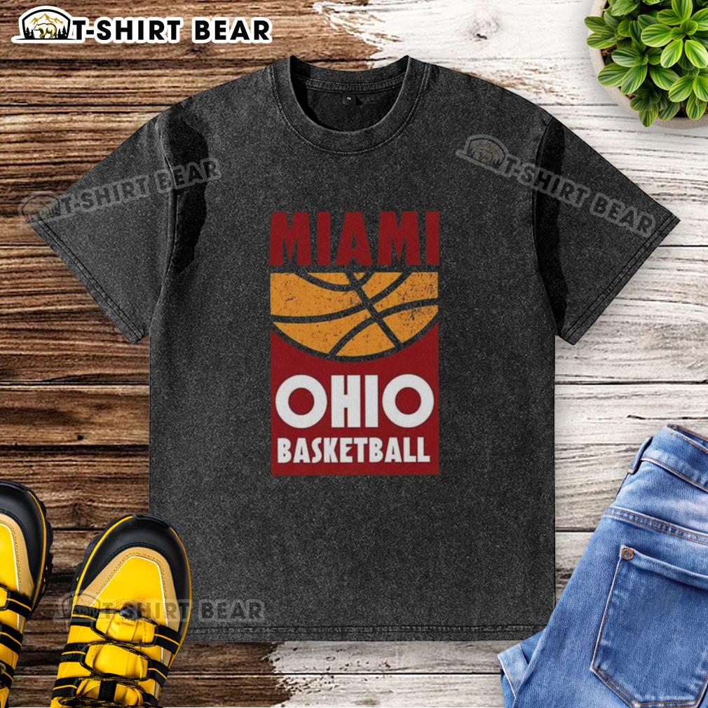 Vintage retro Miami Ohio basketball fan graphic on a washed t-shirt, perfect for college sports enthusiasts.