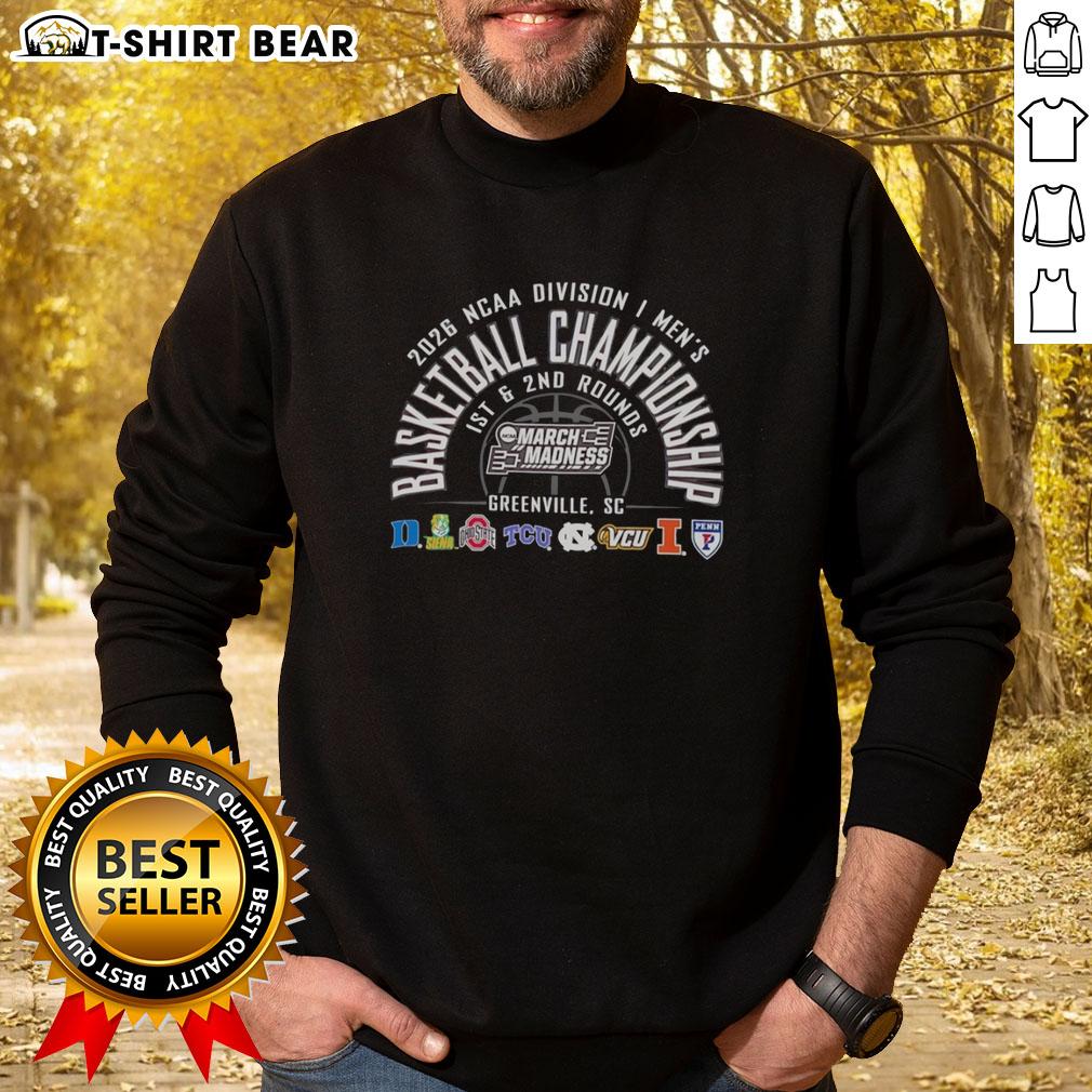 2026 NCAA Division I Men's Basketball Championship sweatshirt showcasing 1st and 2nd round designs in vibrant colors.