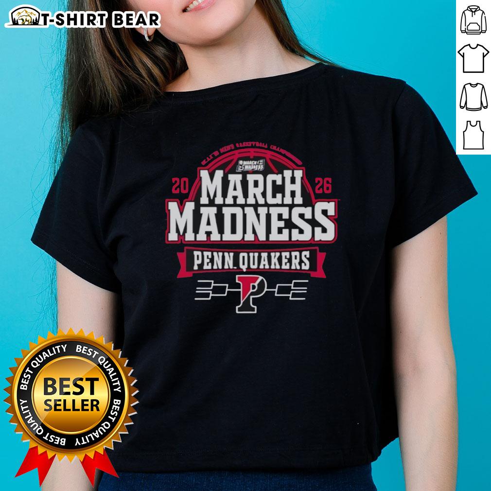 Top Pennsylvania Quakers 2026 NCAA Men's Basketball March Madness Bound ladies tee featuring team colors and logo.