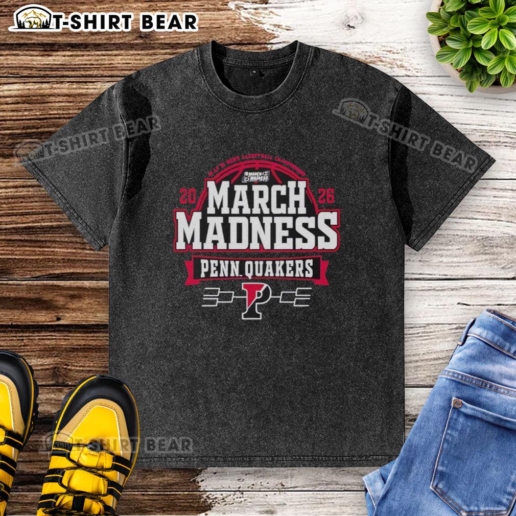 Top Pennsylvania Quakers 2026 NCAA Men's Basketball March Madness Bound Washed T-Shirt showcasing team spirit and style.