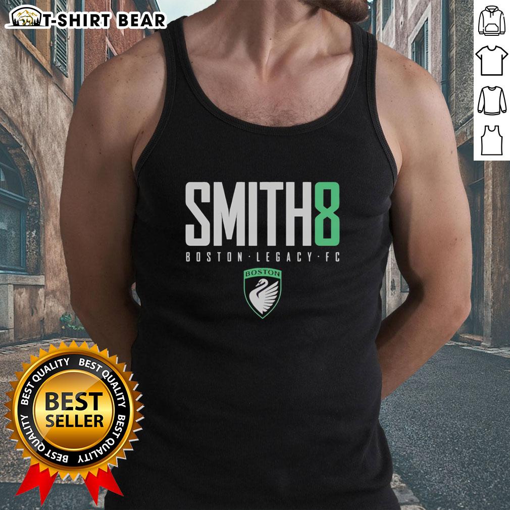 Sammy Smith wearing a Boston Legacy FC logo tank top, showcasing the stylish sportswear for fans and athletes.