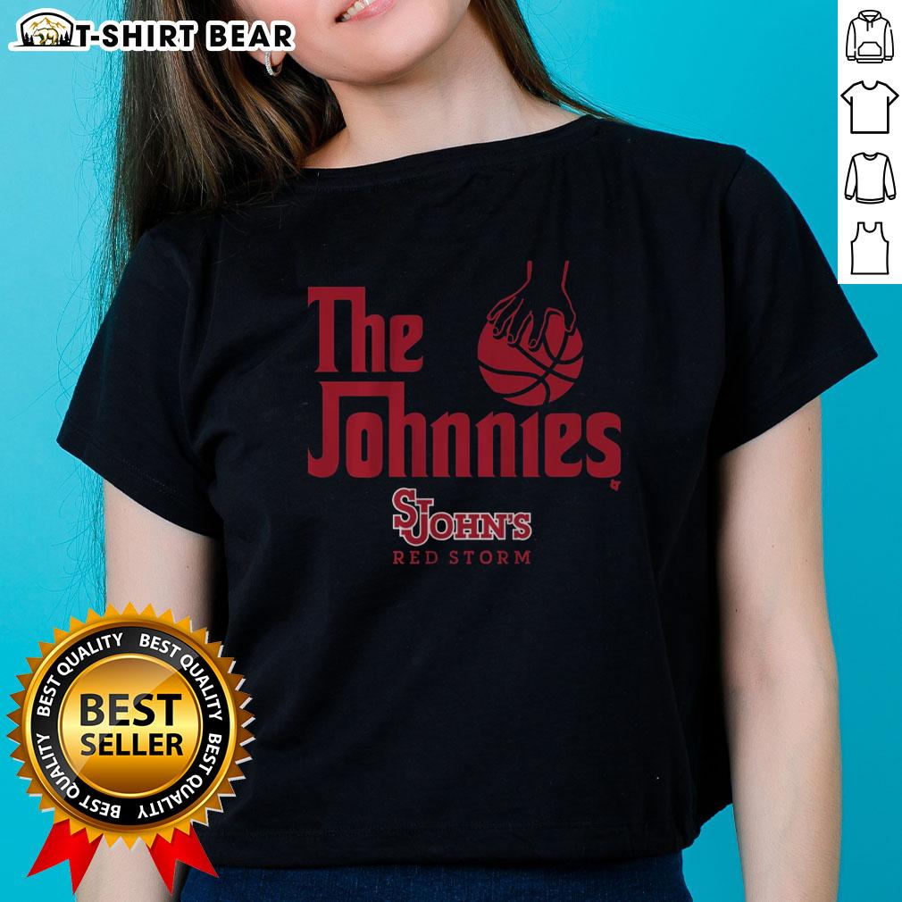 Alt Text: Top St. Johns Basketball The Johnnies ladies tee featuring team colors and logo, perfect for fans and casual wear.