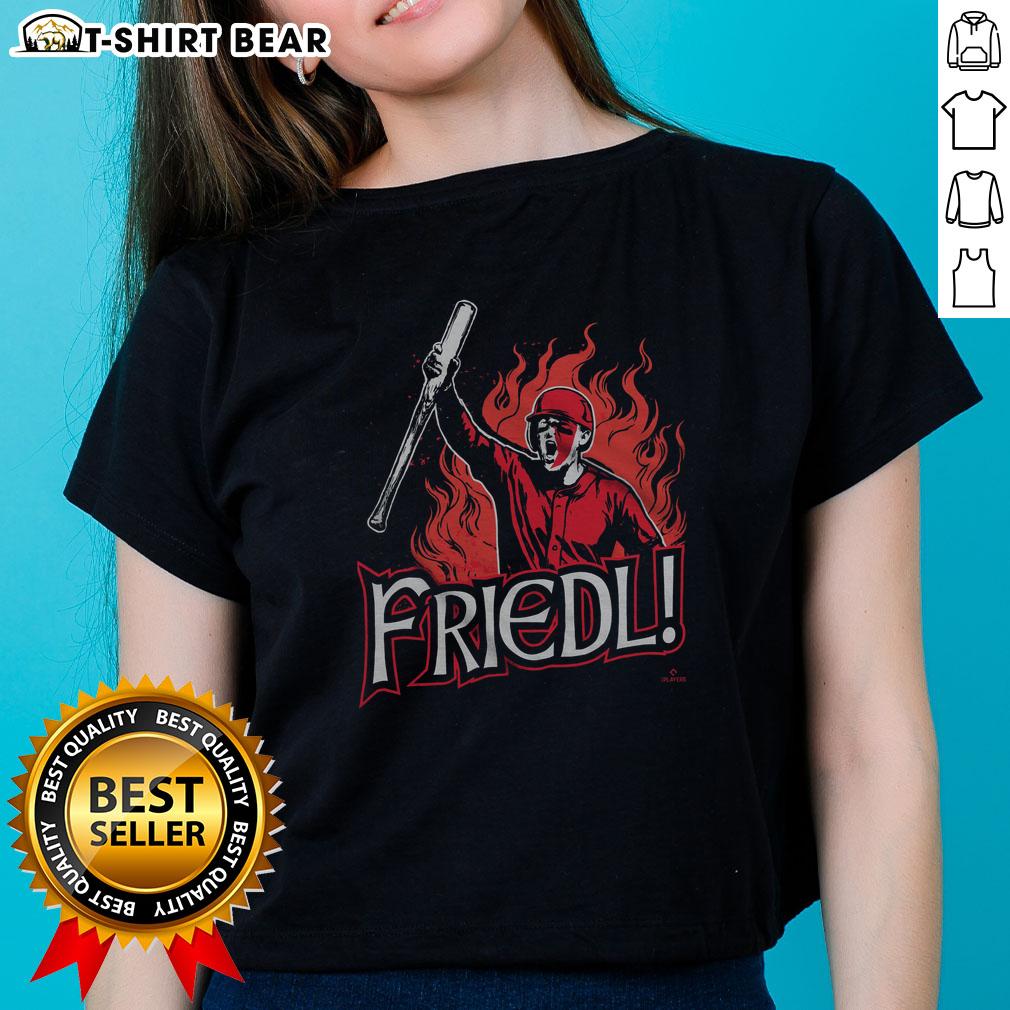 Top Tj Friedl Battle Cry Ladies Tee featuring a bold graphic design and stylish fit, perfect for fans and casual wear.