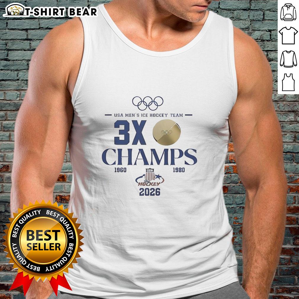 Men's tank top celebrating the USA Hockey 2026 Olympic team, featuring '3x Champions' design in bold graphics.