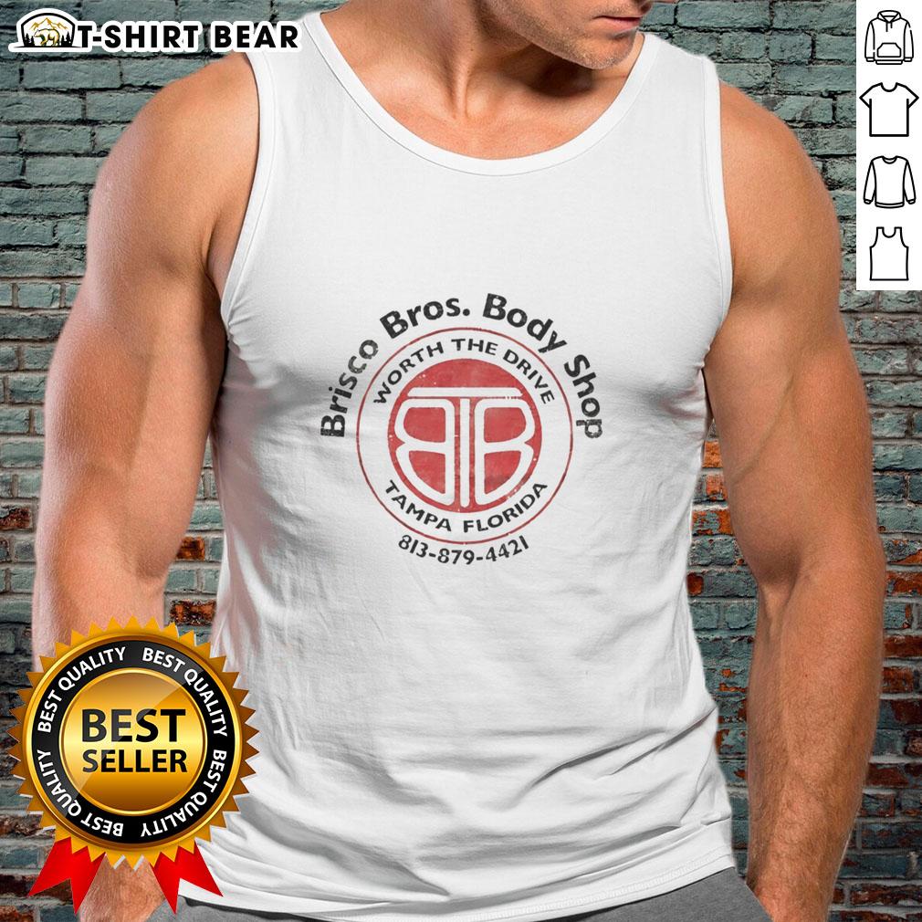 Alt Text: Brisco Bros Body Shop Drive tank top design featuring Tampa, Florida, logo and vibrant graphics for fans.