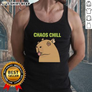 Awesome capybara with red eyes sticking out her tongue on a chill meme tank top, perfect for animal lovers.