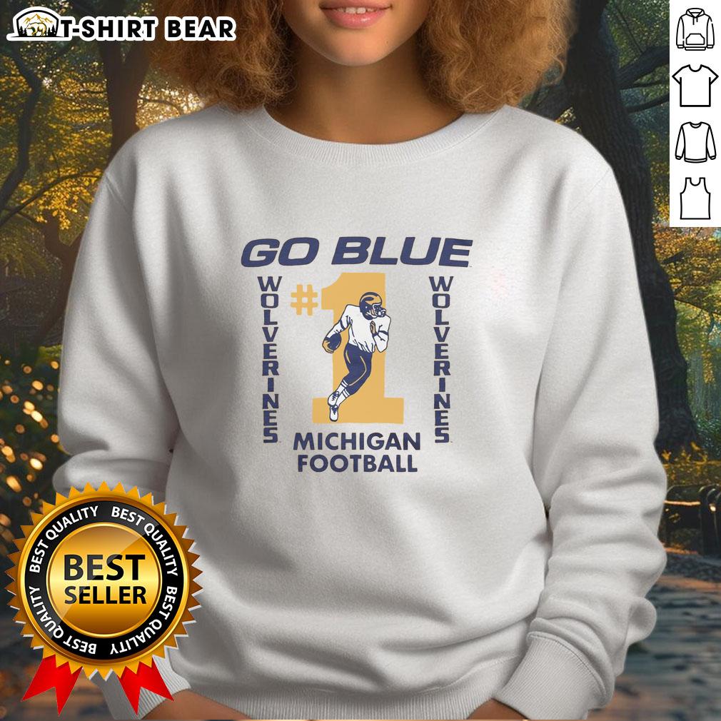 Awesome Michigan Football Go Blue sweatshirt in navy blue, featuring team logo and vibrant lettering for fans.