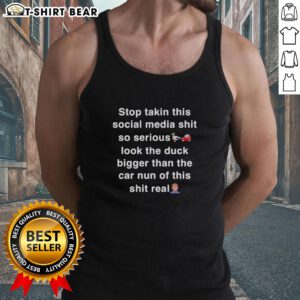 Person wearing 'Stop Taking Social Media Seriously' tank top with a giant duck near a car, showcasing humor and fun.