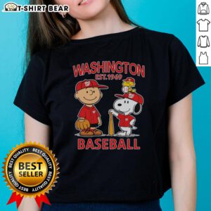 Good Charlie Brown, Snoopy, and Woodstock in Washington Nationals baseball jersey est. 1969 on ladies tee.