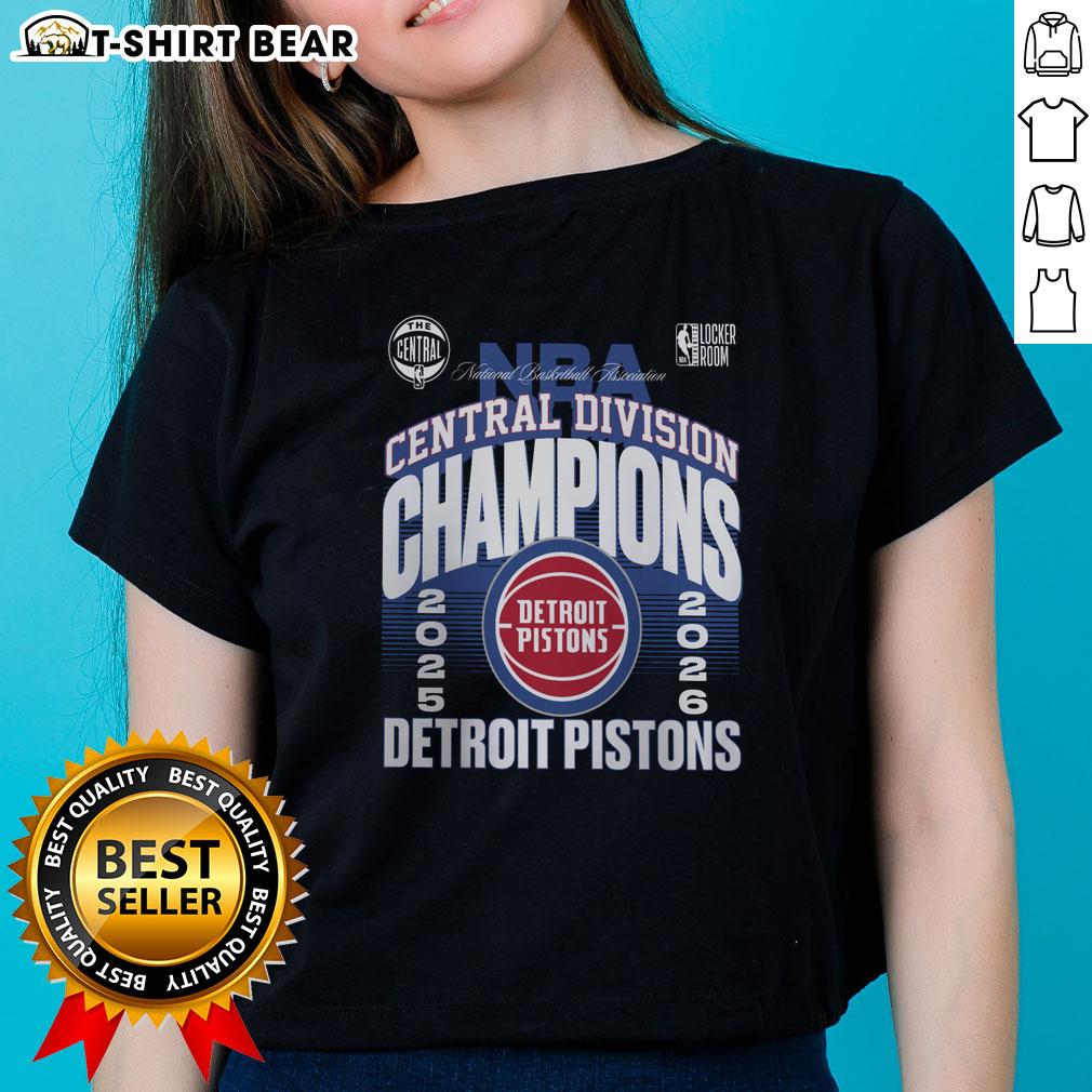 Alt Text: 2026 Central Division Champions locker room scene featuring a Detroit Pistons ladies tee celebrating their victory.