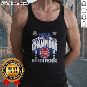 Alt Text: Good Detroit Pistons 2026 Central Division Champions locker room tank top featuring team colors and logo.