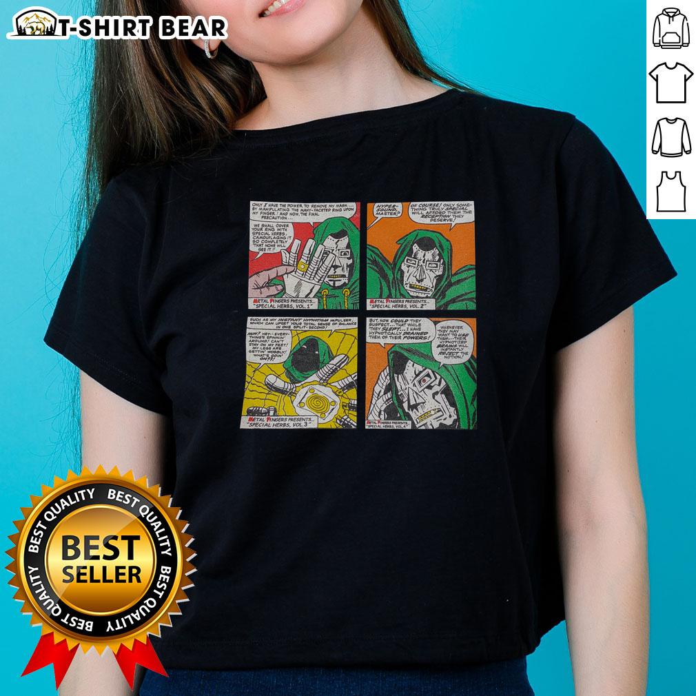 Alt Text: Good Doctor Doom Special Herbs album comic ladies tee featuring vibrant graphics and stylish design for fans.