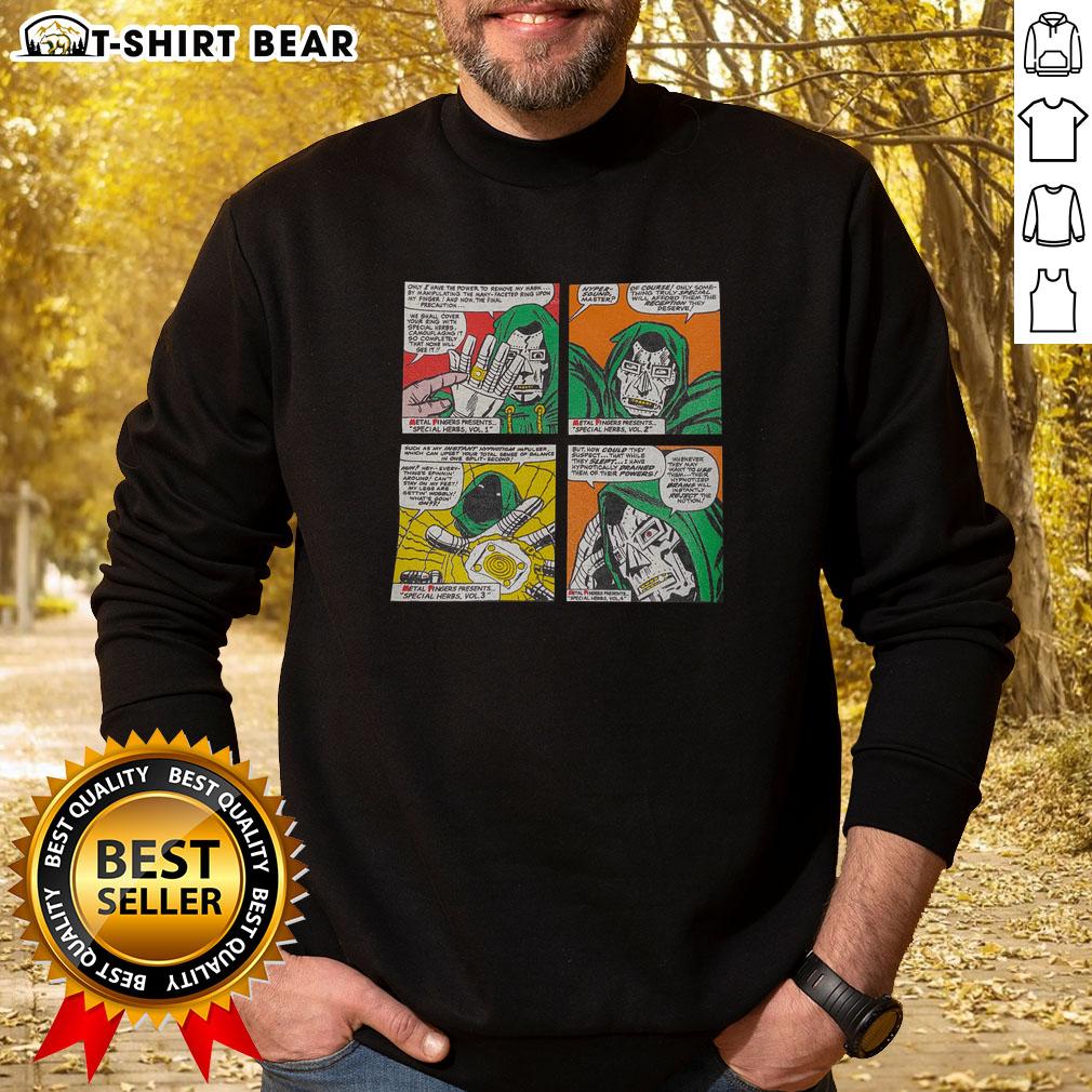 Good Doctor Doom Special Herbs Album comic sweatshirt featuring vibrant artwork and bold design for fans.