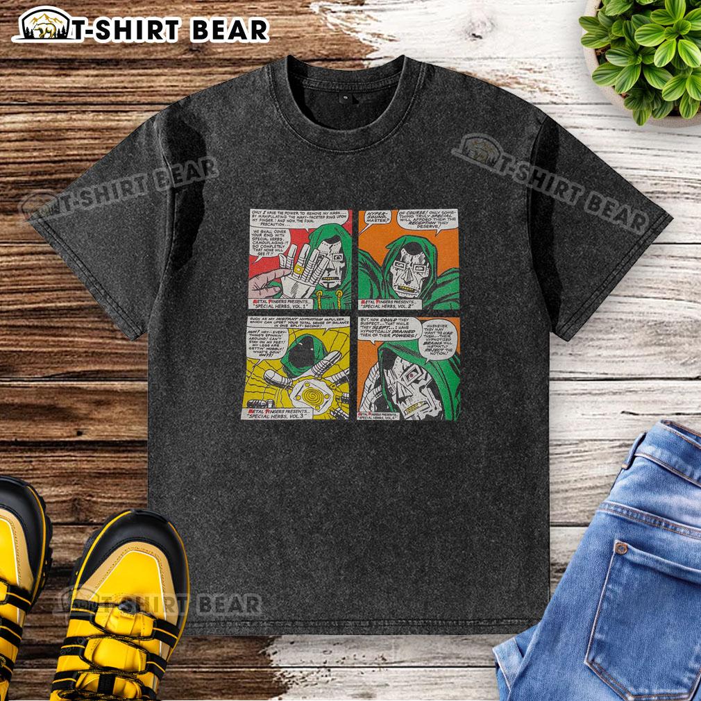 Good Doctor Doom Special Herbs Album comic washed t-shirt featuring vibrant artwork and vintage style for Marvel fans.