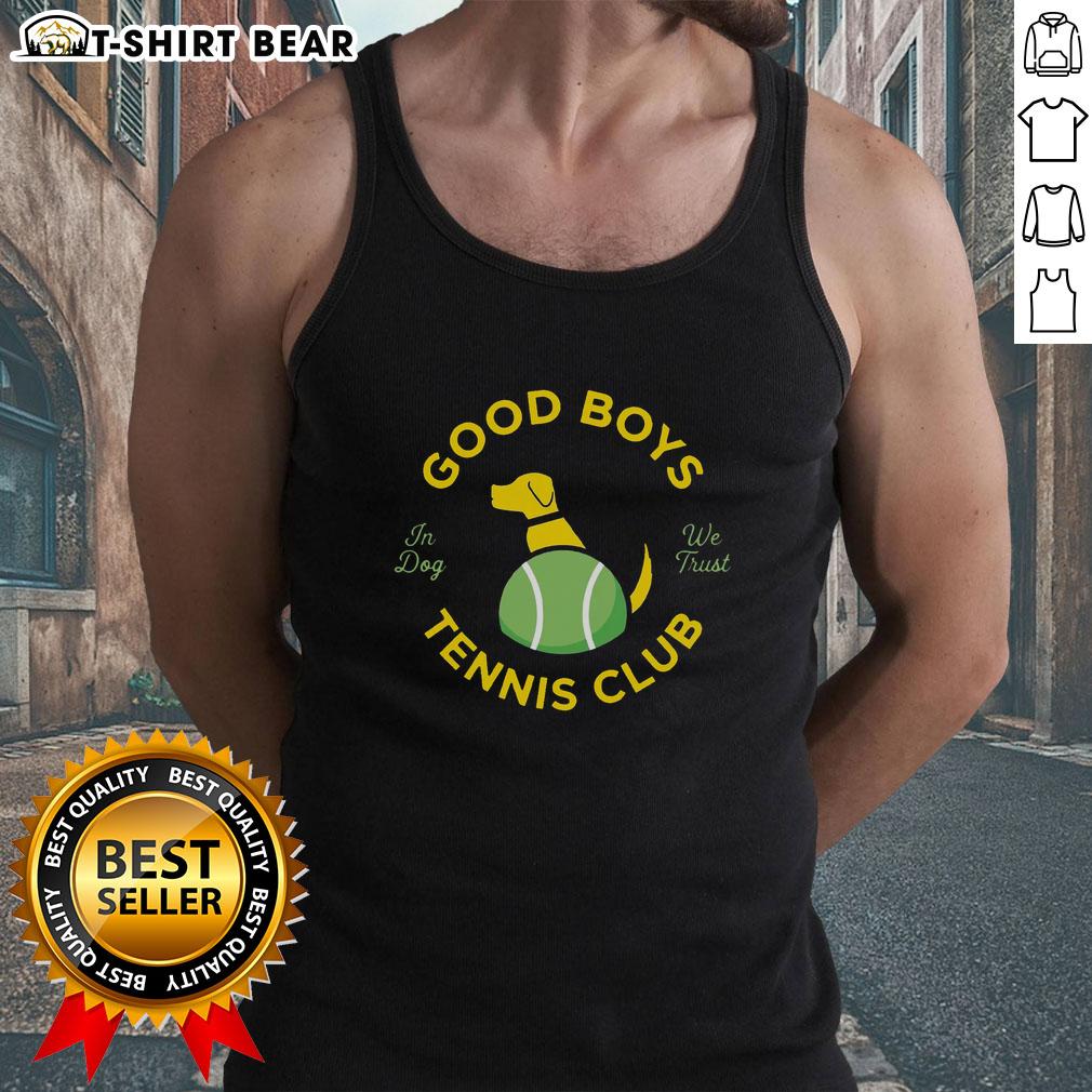Good Good Boys Tennis Club 'In Dog We Trust' tank top featuring playful dog graphics and vibrant colors for pet lovers.