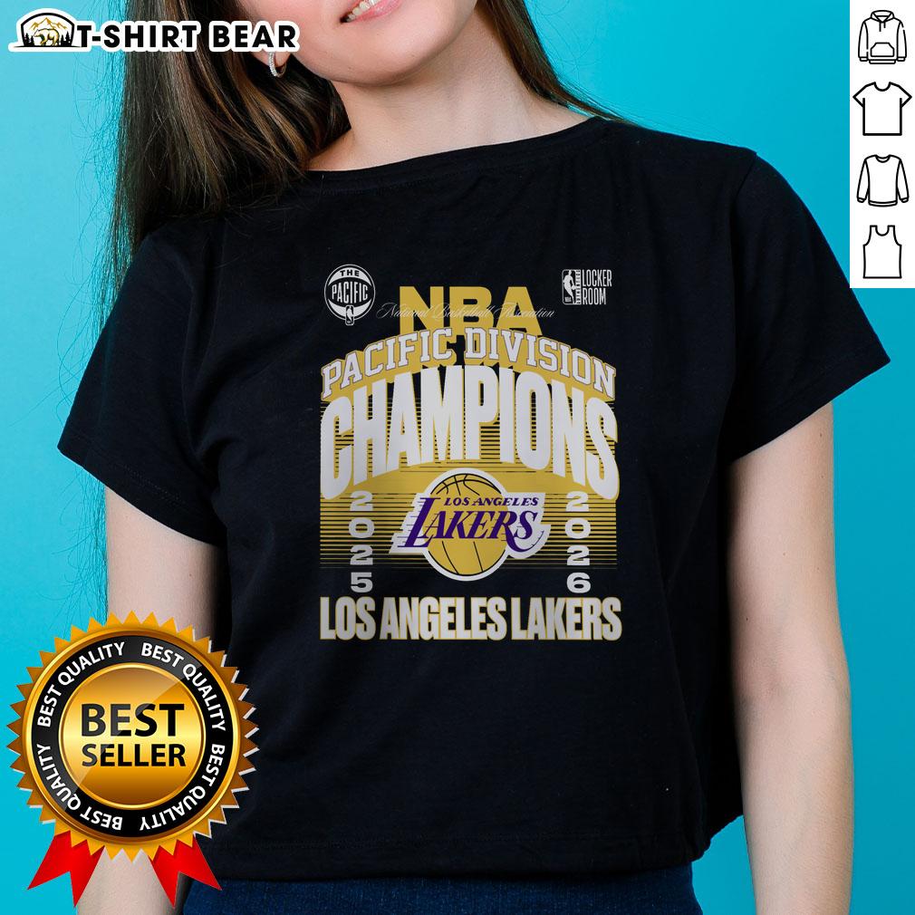2026 Pacific Division Champions locker room photo featuring a stylish ladies tee celebrating the Los Angeles Lakers.