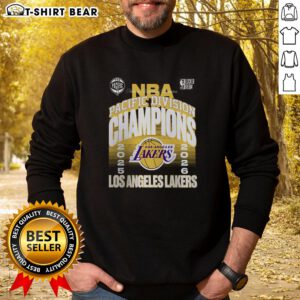 Good Los Angeles Lakers 2026 Pacific Division Champions sweatshirt displayed in a locker room setting.