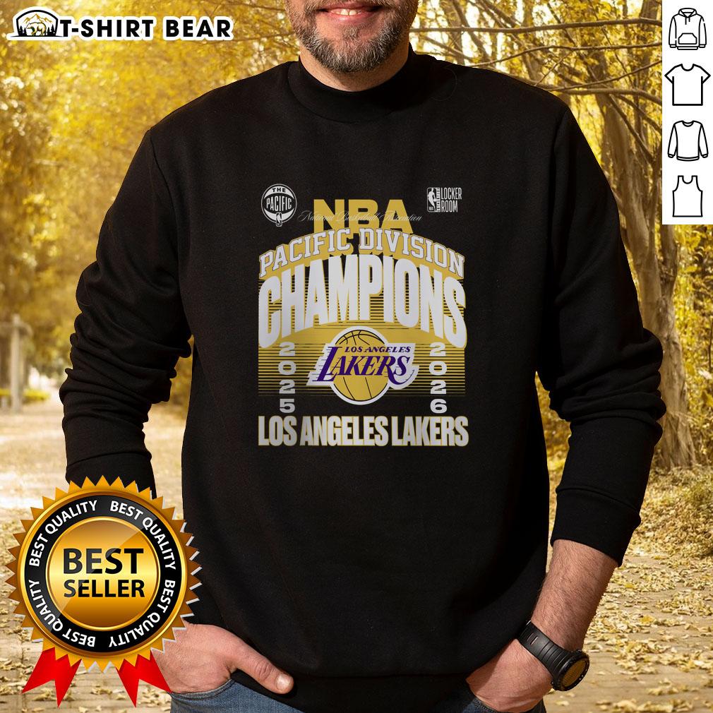 Good Los Angeles Lakers 2026 Pacific Division Champions sweatshirt displayed in a locker room setting.