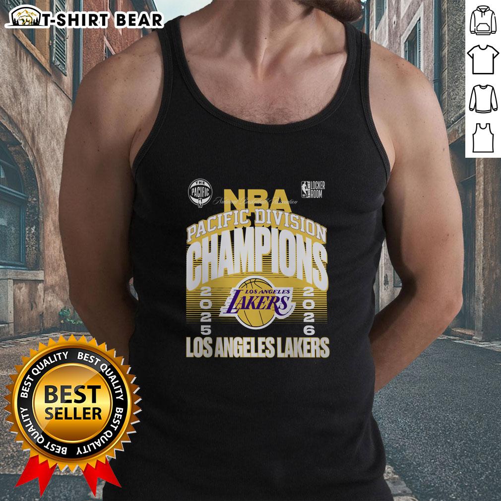 Good Los Angeles Lakers 2026 Pacific Division Champions locker room tank top featuring team colors and logo.
