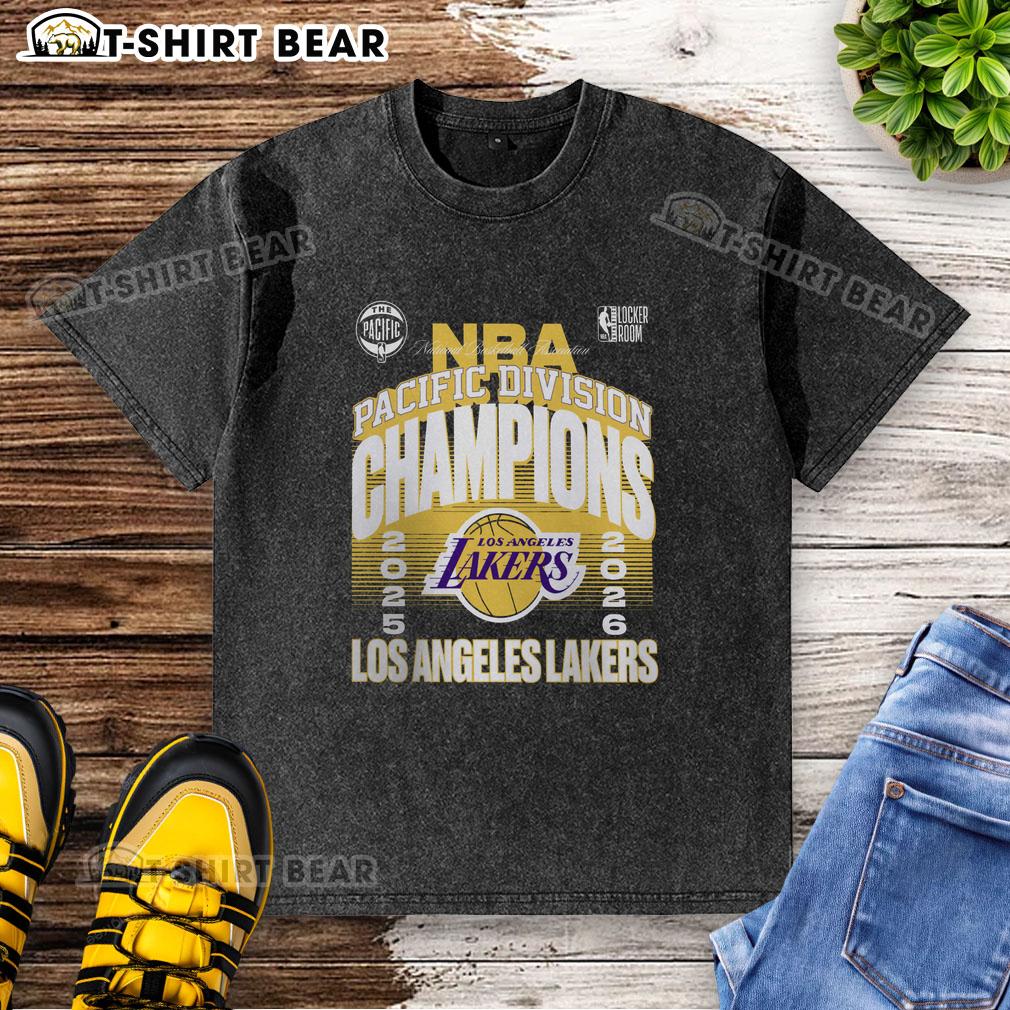 Good Los Angeles Lakers 2026 Pacific Division Champions locker room washed t-shirt displayed on a hanger.