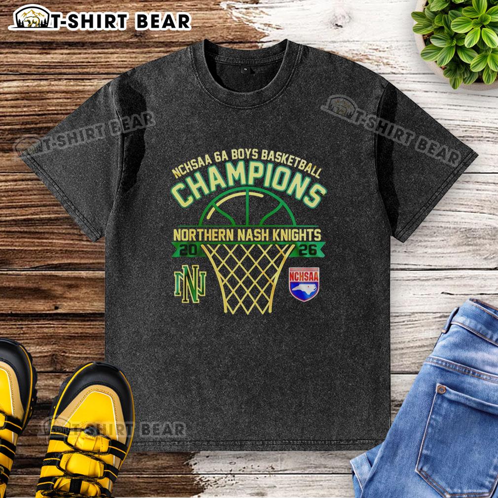 Good Northern Nash Knights NCHSAA 6A Boys Basketball Champions washed t-shirt design featuring team colors and logo.
