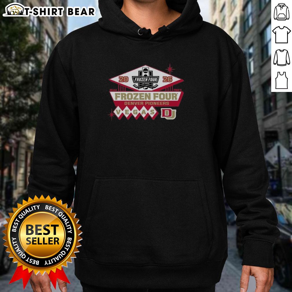 Official 2026 NCAA Hockey Frozen Four hoodie for Denver Pioneers Men's Ice team, showcasing team colors and logo.