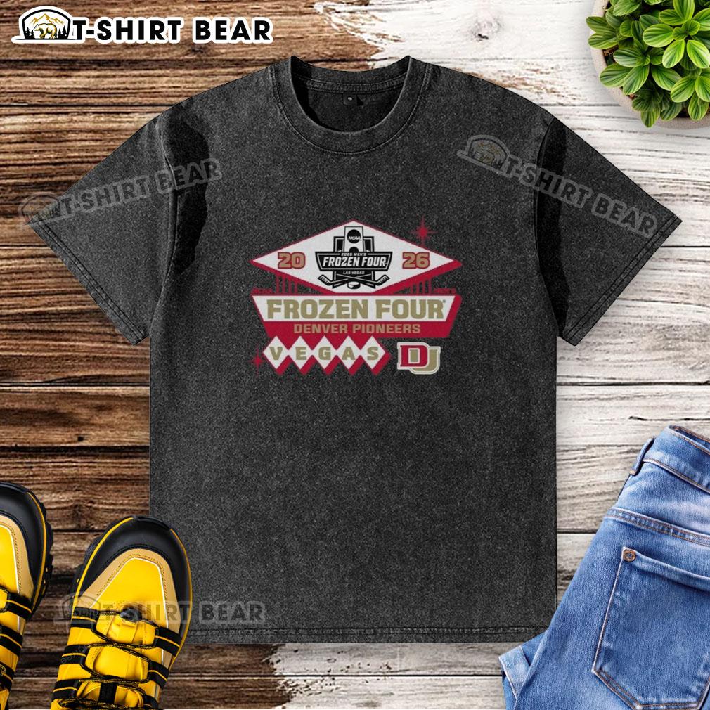 Denver Pioneers Men's Ice Hockey 2026 NCAA Frozen Four washed t-shirt featuring team logo and vibrant colors.