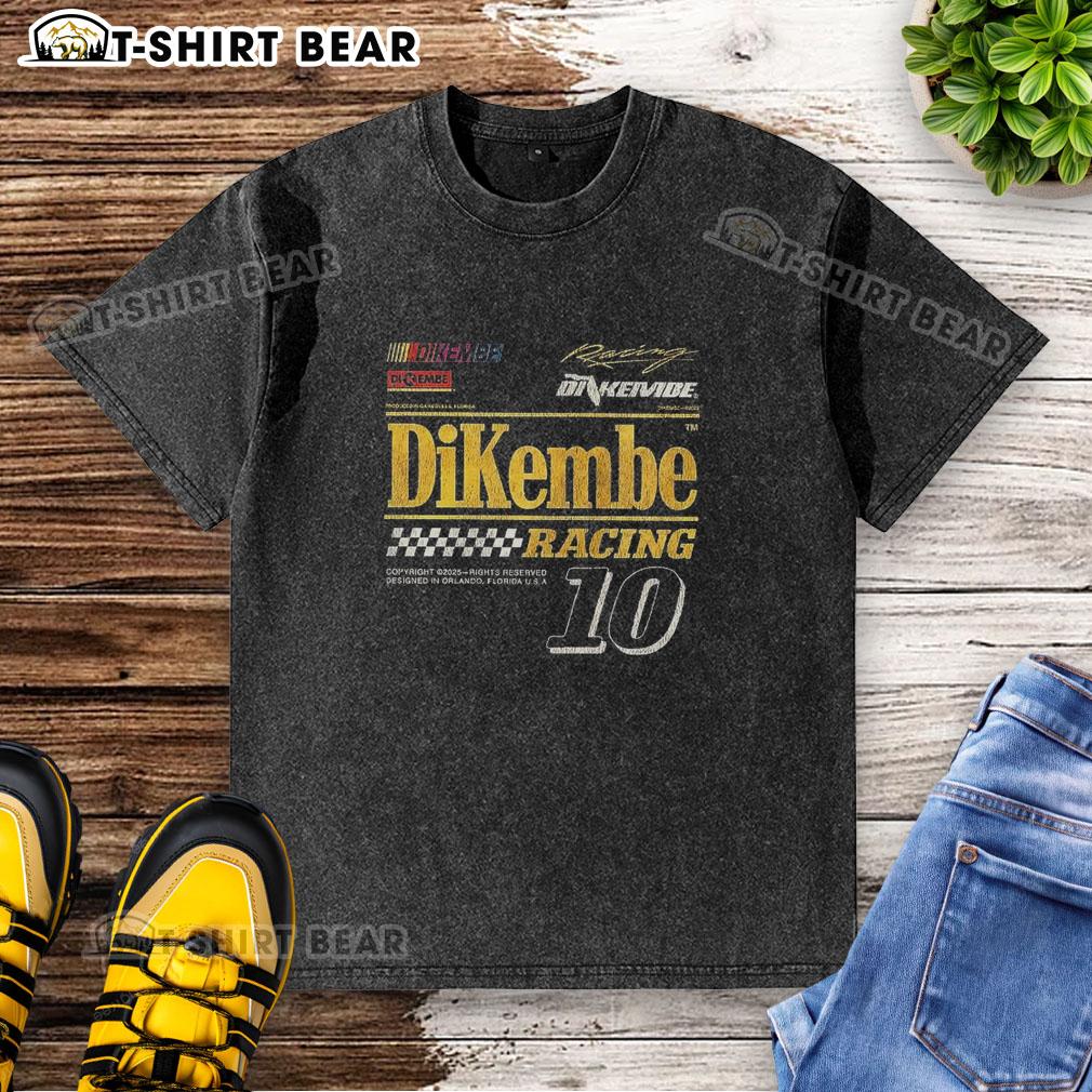 Alt Text: Hot Dikembe Racing Number 10 washed t-shirt featuring a vibrant design, perfect for fans in Gainesville, Orlando, Florida.