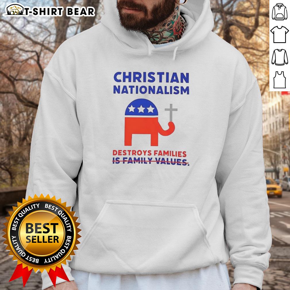 Person wearing a 'Nice Christian Nationalism Destroys Families' hoodie, promoting awareness of harmful ideologies.