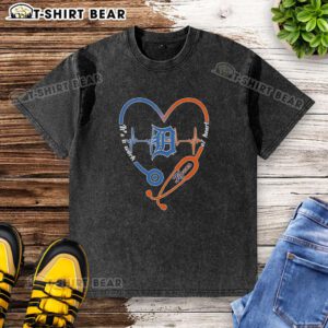 Alt Text: Detroit Tigers heart and soul stethoscope design on a washed t-shirt, showcasing team spirit and passion.