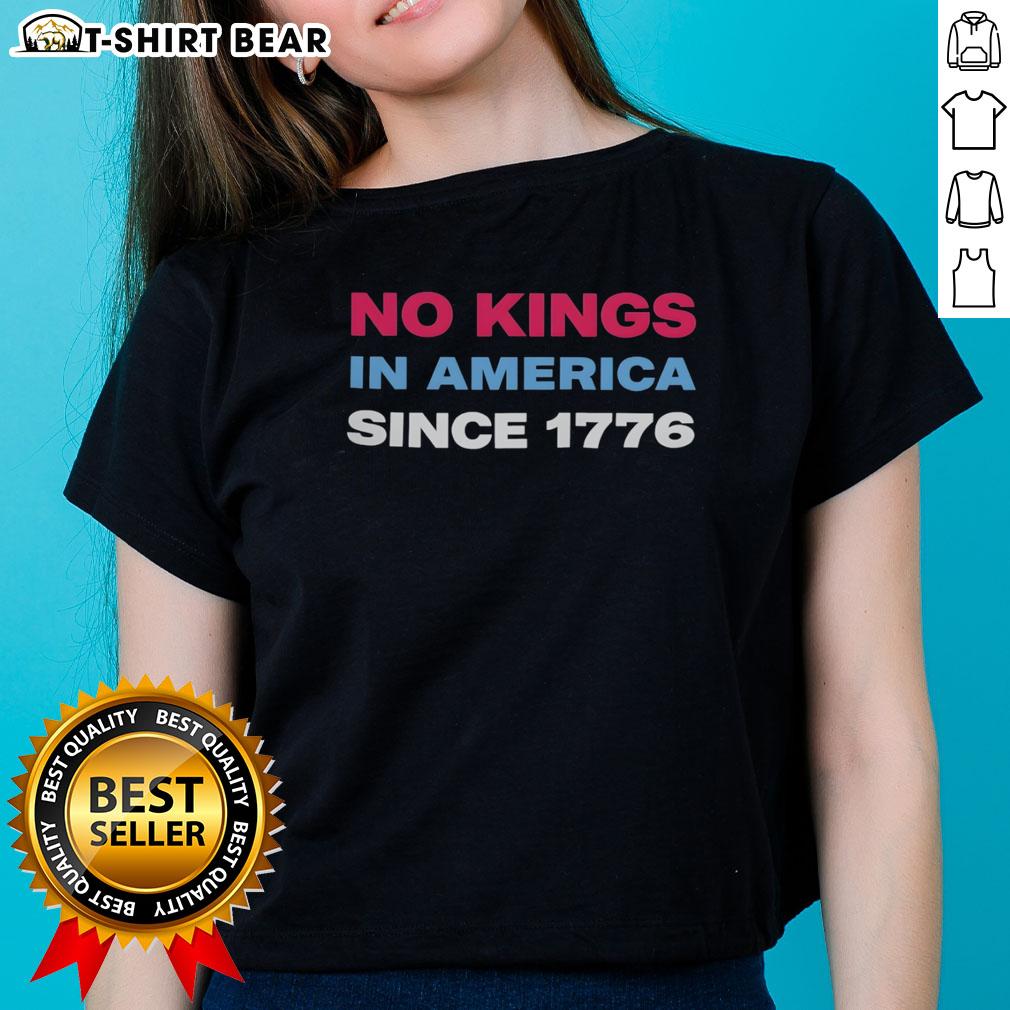 Retro ladies tee featuring Jamie Lee Curtis with 'No Kings in America Since 1776' slogan for a stylish, patriotic look.