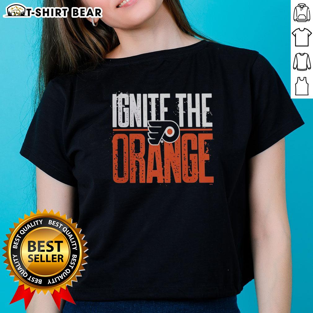 Nice Philadelphia Flyers Ignite The Orange 2026 Stanley Cup Playoffs ladies tee, featuring vibrant team colors and logo.