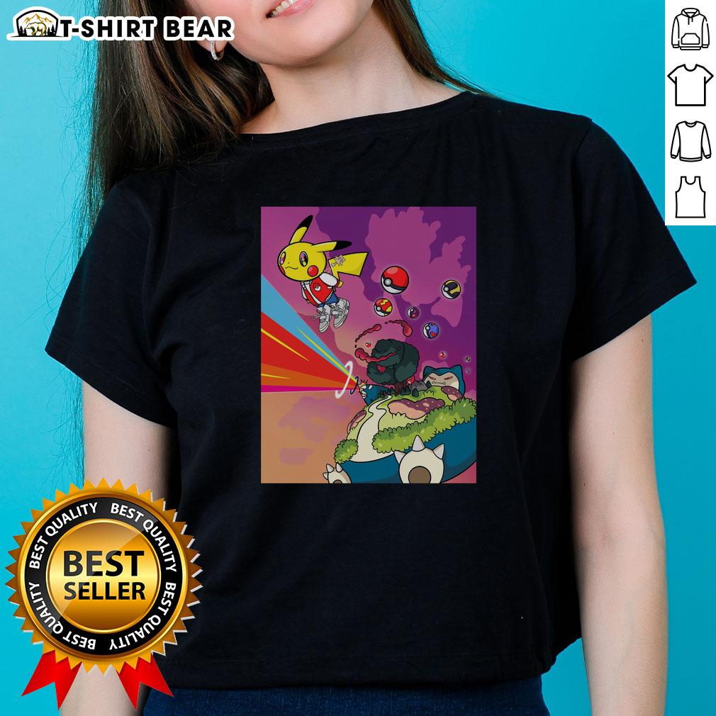 Funny mashup of Pikachu and Kanye West graduation parody on a ladies tee, perfect for fans of pop culture and humor.