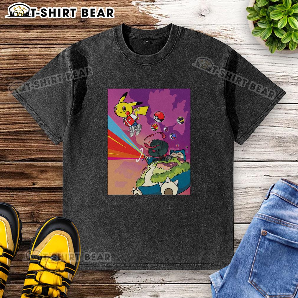 Funny Pikachu Kanye graduation mashup parody on a washed t-shirt, blending pop culture and humor in fashion.