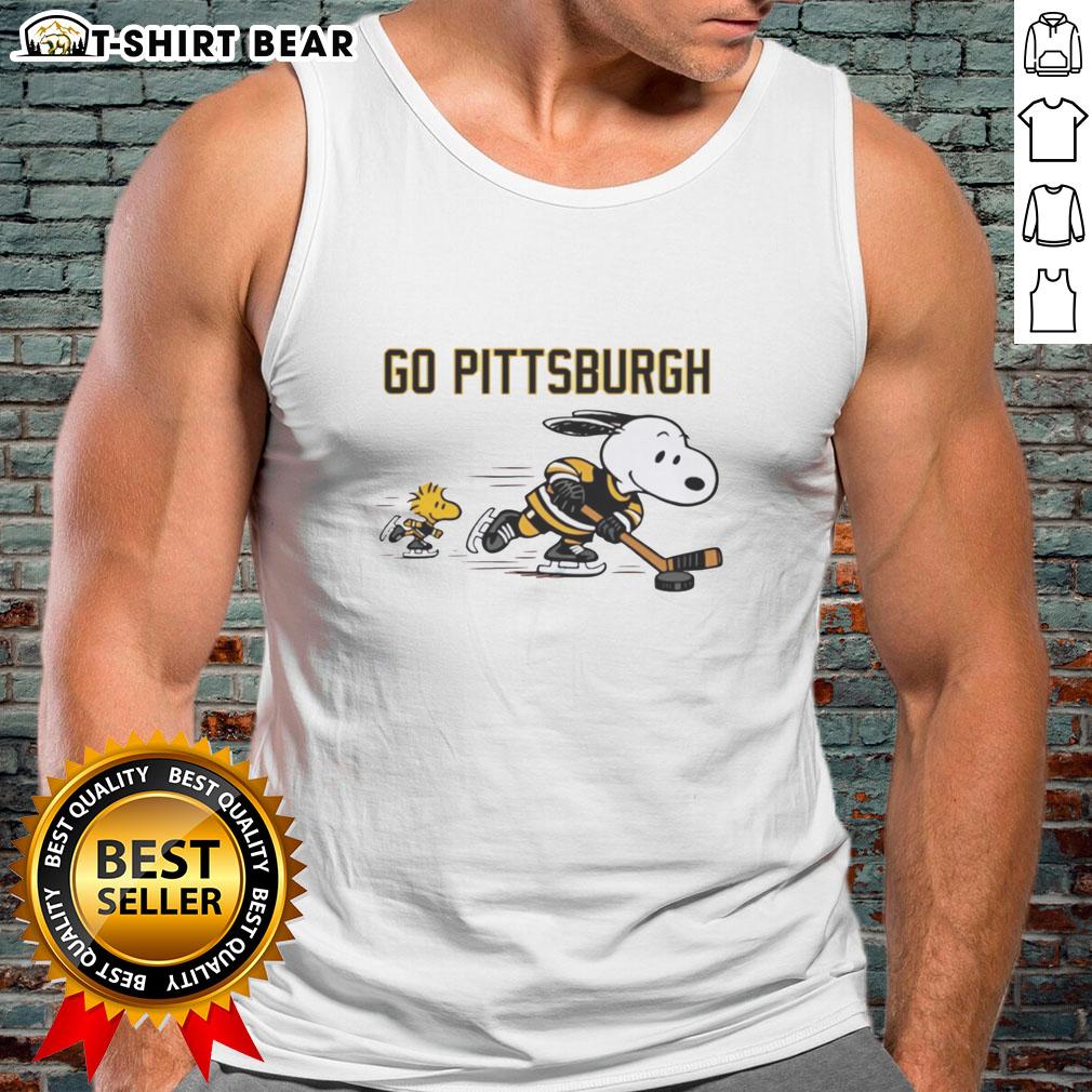 Snoopy and Woodstock cheer for Pittsburgh Penguins in a fun Go Pittsburgh tank top, perfect for game day.
