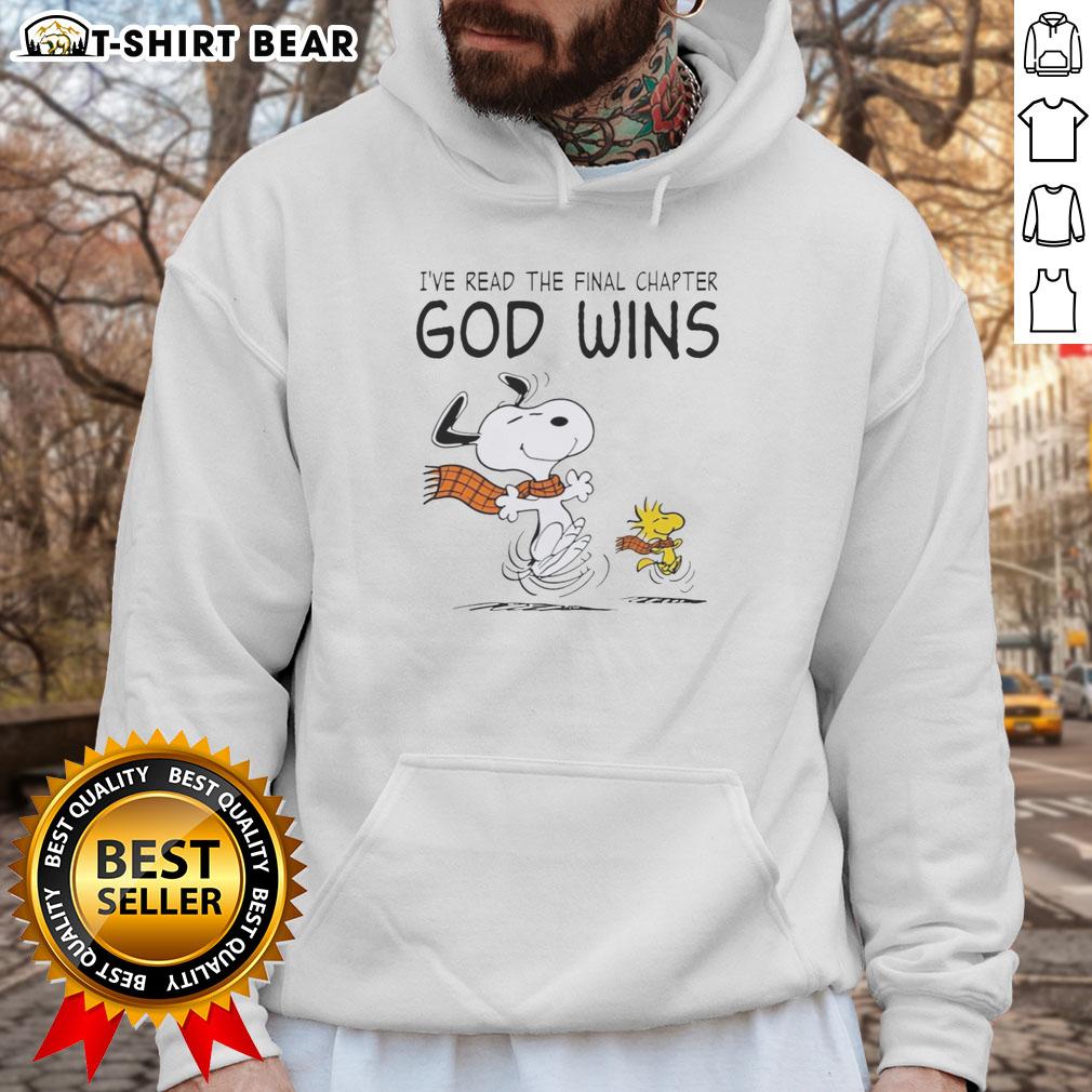 Alt Text: Cozy hoodie featuring Snoopy and Woodstock with I've read the final chapter, God wins text design.