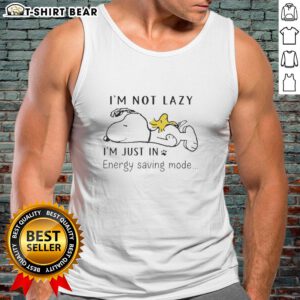 Cute Snoopy and Woodstock sleeping on a tank top with 'I'm not lazy, I'm just in energy-saving mode' slogan.