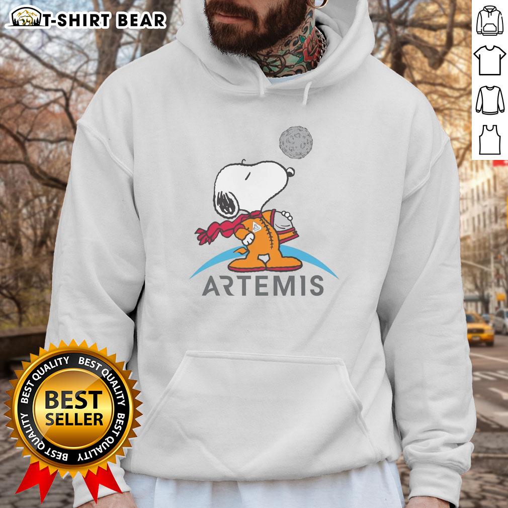 Cute Snoopy Artemis astronaut hoodie featuring Snoopy in a space suit against a starry background.
