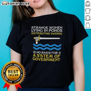Strange women lying in ponds, distributing swords on a tee, showcasing a whimsical and artistic design for ladies.