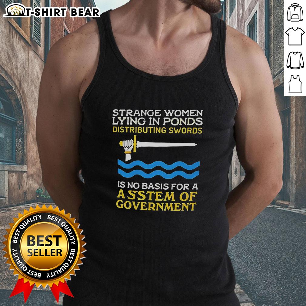Nice strange women lying in ponds, playfully distributing swords while wearing tank tops, showcasing a whimsical scene.