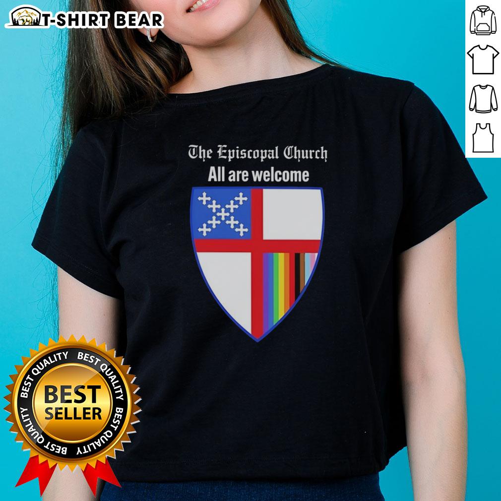 Nice The Episcopal Church All Are Welcome badge on a ladies tee, promoting inclusivity and community spirit.
