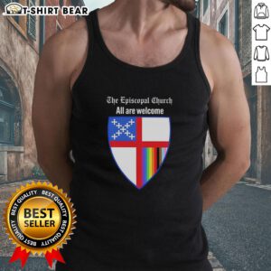 Nice The Episcopal Church 'All Are Welcome' badge on a stylish tank top, promoting inclusivity and community spirit.